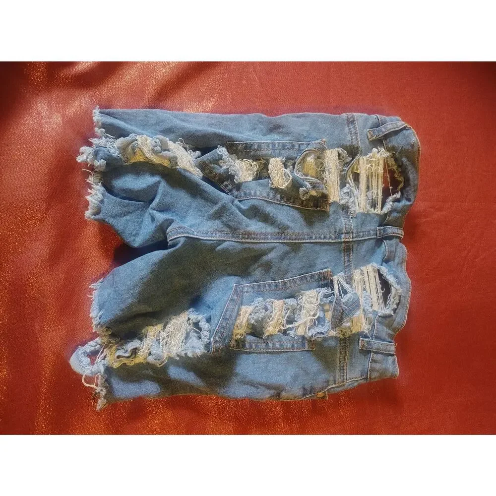 SHEIN Denim Shorts Womens S Distressed Ripped Frayed High Waist Blue Casual